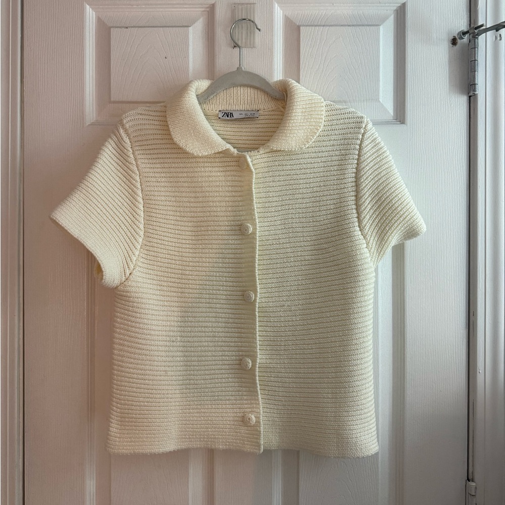 Zara women’s large Short Sleeve Chunky Knit Peter Pan Collar, Cream